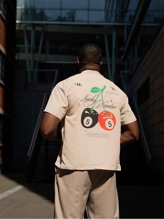Fashion Nova Beige Short Sleeve Button-Down Shirt with Cherry Embroidery - Picture 2 of 3